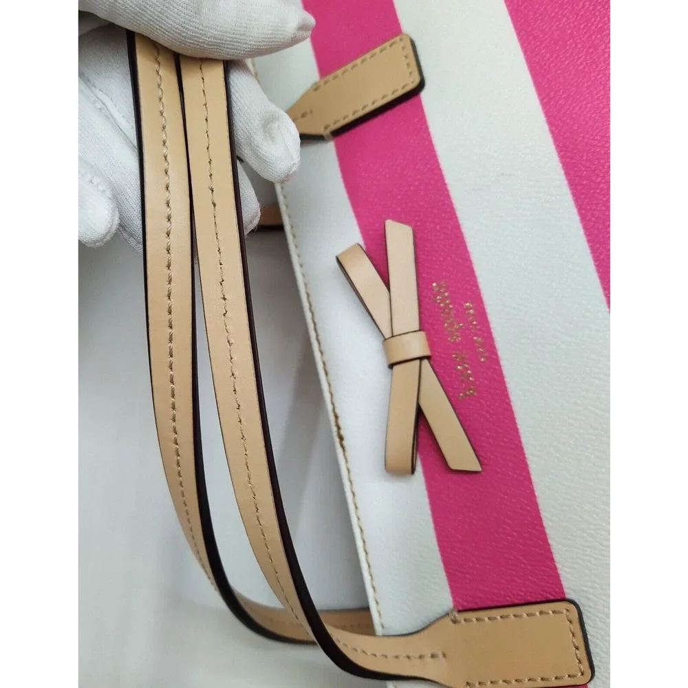 Kate Spade Pink Stripe Leather Trim Bow Double Handles Zipper Tote Shoulder Bag